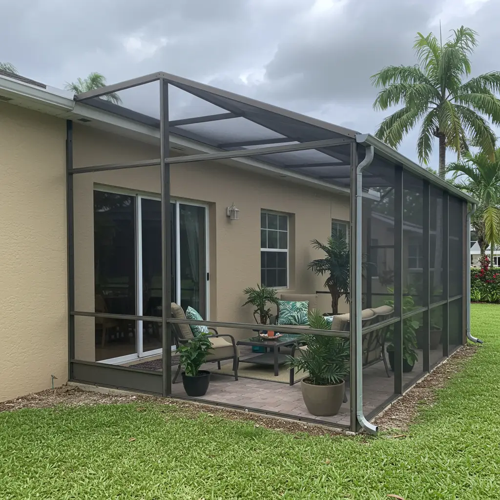 Screened-in patio enclosure in Palm Coast FL with outdoor seating and pavers