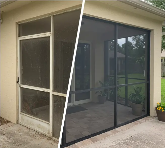Before and after screen repair showing damaged patio screen versus new enclosure in Palm Coast FL