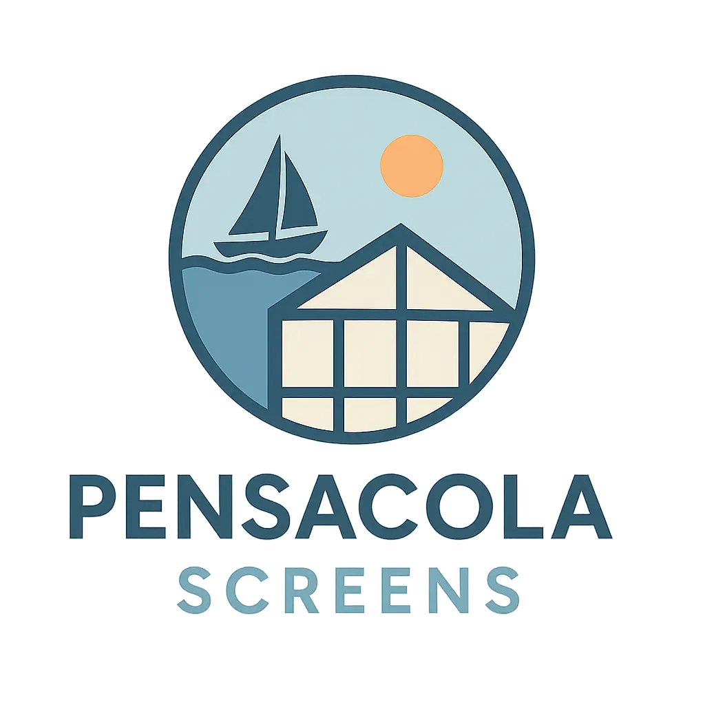 Pensacola Screens logo featuring screened enclosure, coastal sailboat, and sun icon